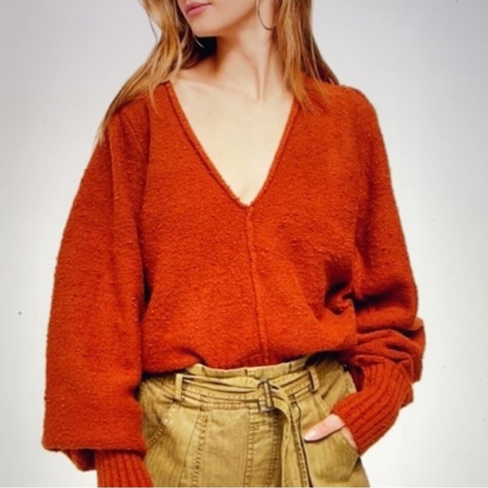 Free People Sweater Womens XS/TP Reverie Burnt Butter V Neck Ballon Sleeve